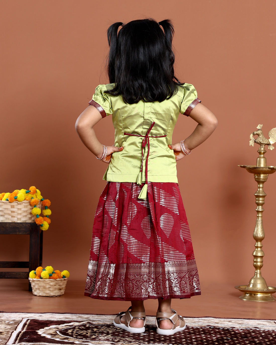 Classic Kids Readymade Pattu Pavadai with Contrast Blouse and Zari Woven Skirt - Green