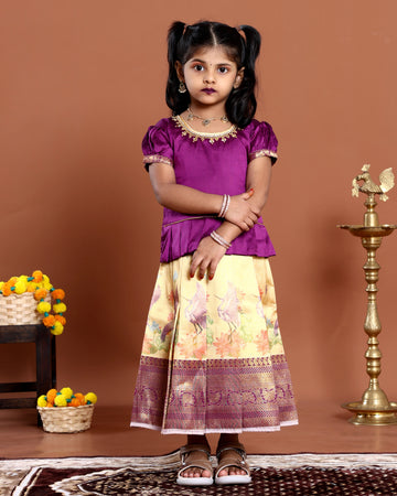 Elegant Kids Readymade Pattu Pavadai with Traditional Peacock Motif Skirt - Purple