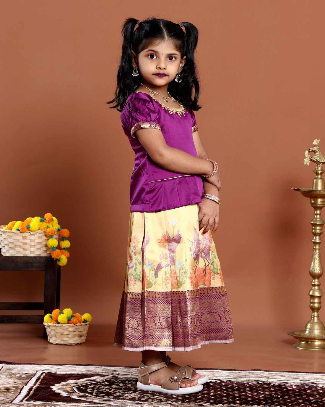Elegant Kids Readymade Pattu Pavadai with Traditional Peacock Motif Skirt - Purple
