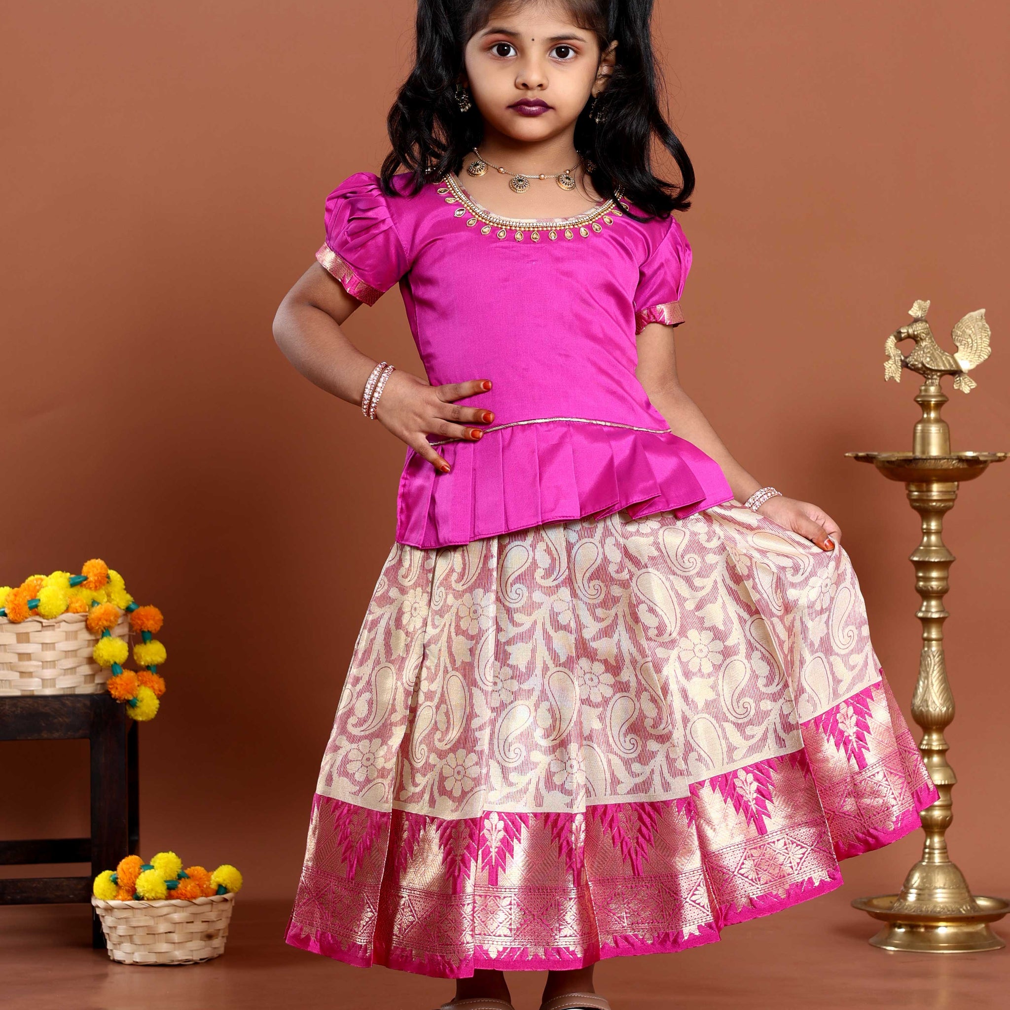 Classic Kids Readymade Pattu Pavadai with Contrast Blouse and Zari Woven Skirt - Pink