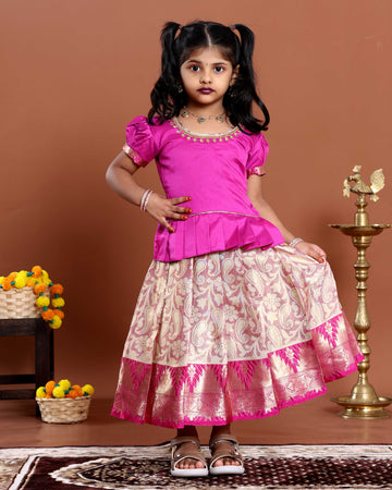 Classic Kids Readymade Pattu Pavadai with Contrast Blouse and Zari Woven Skirt - Pink