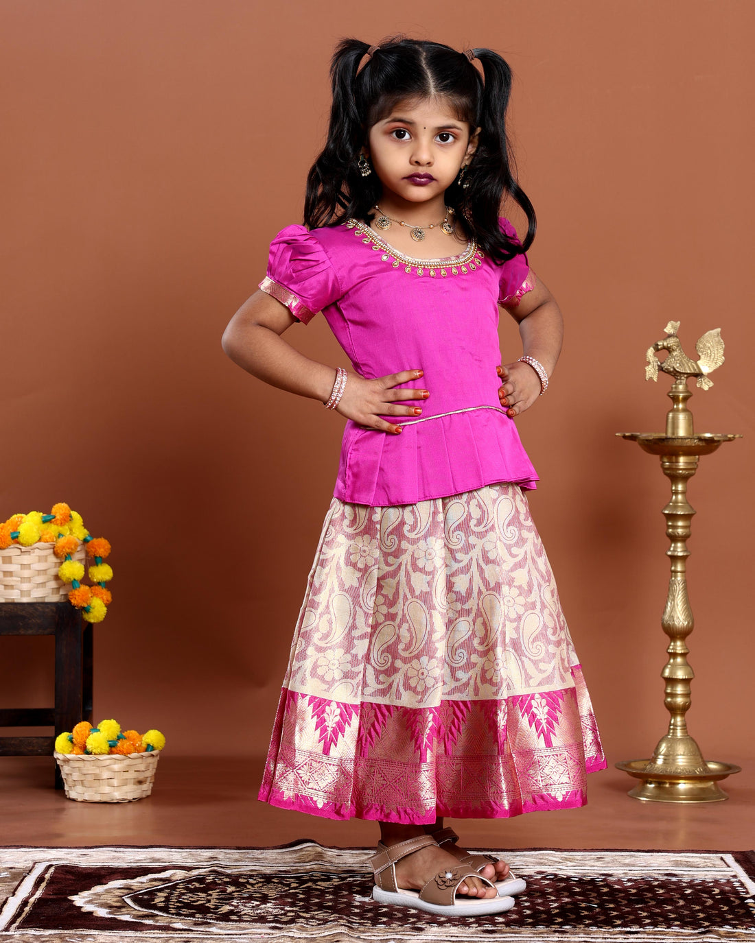 Classic Kids Readymade Pattu Pavadai with Contrast Blouse and Zari Woven Skirt - Pink