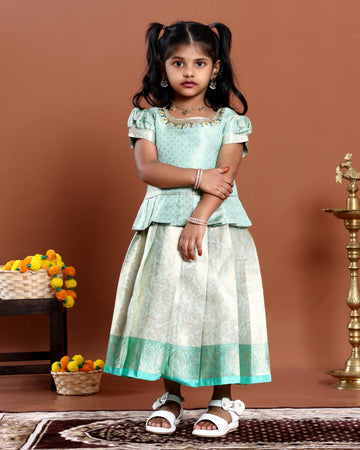 Elegant Woven Kids Readymade Pattu Pavadai with Brocade Blouse and Zari Border Skirt - Green