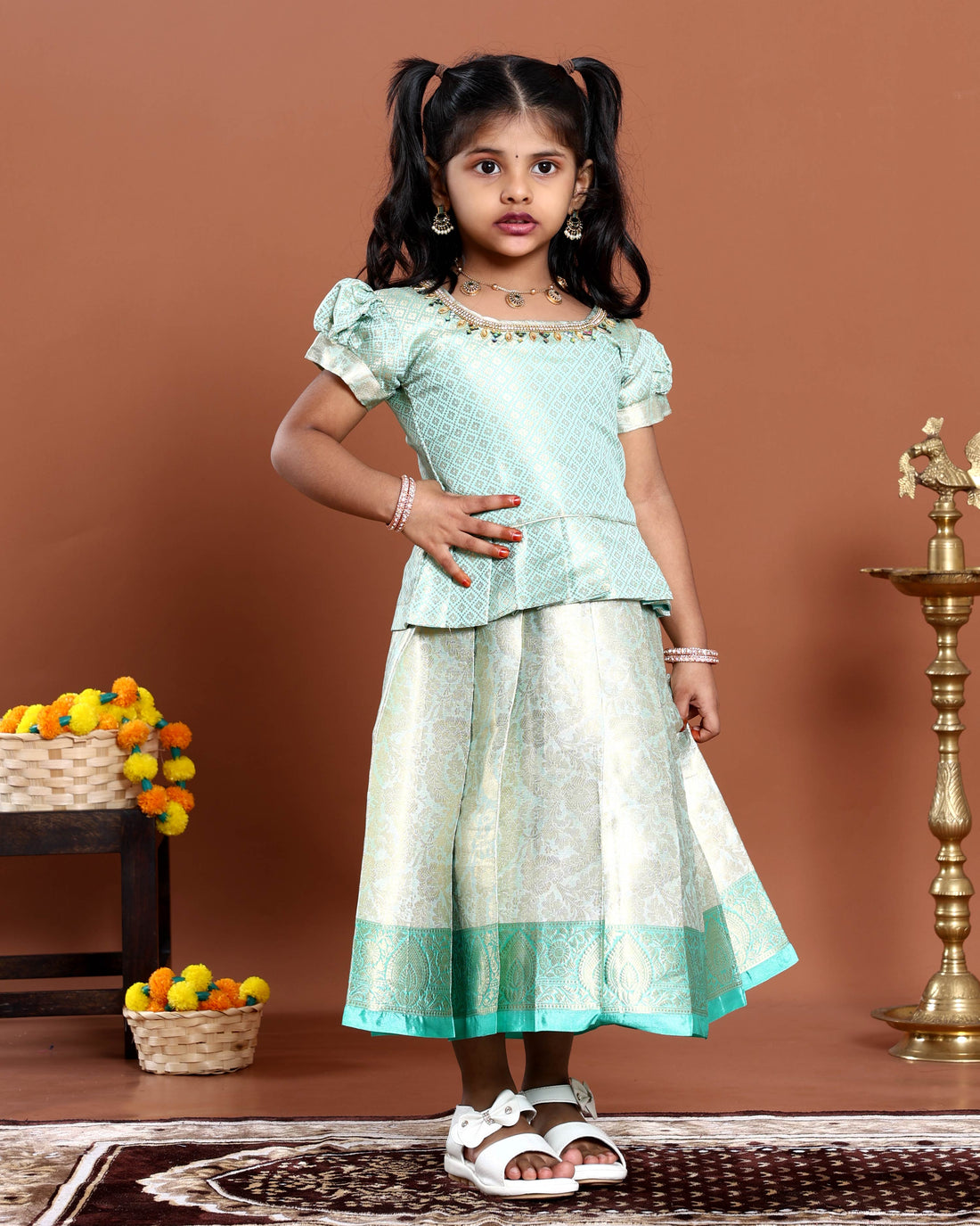 Elegant Woven Kids Readymade Pattu Pavadai with Brocade Blouse and Zari Border Skirt - Green