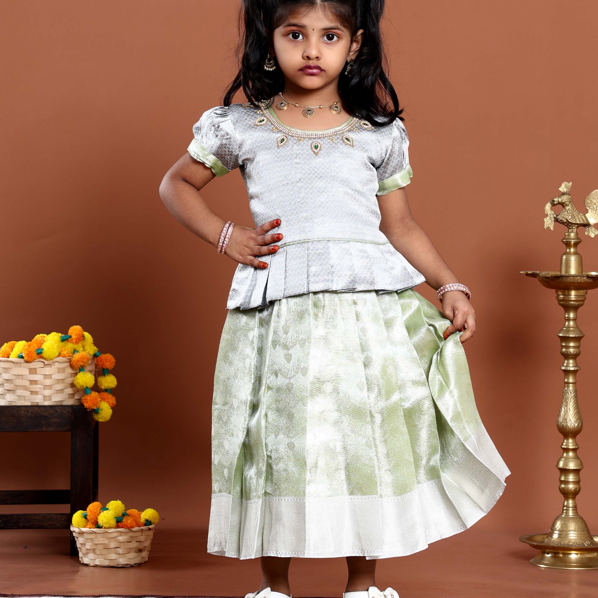 Traditional Kids Readymade Pattu Pavadai Set with Embellished Neck Blouse and Pleated Silk Skirt - Grey