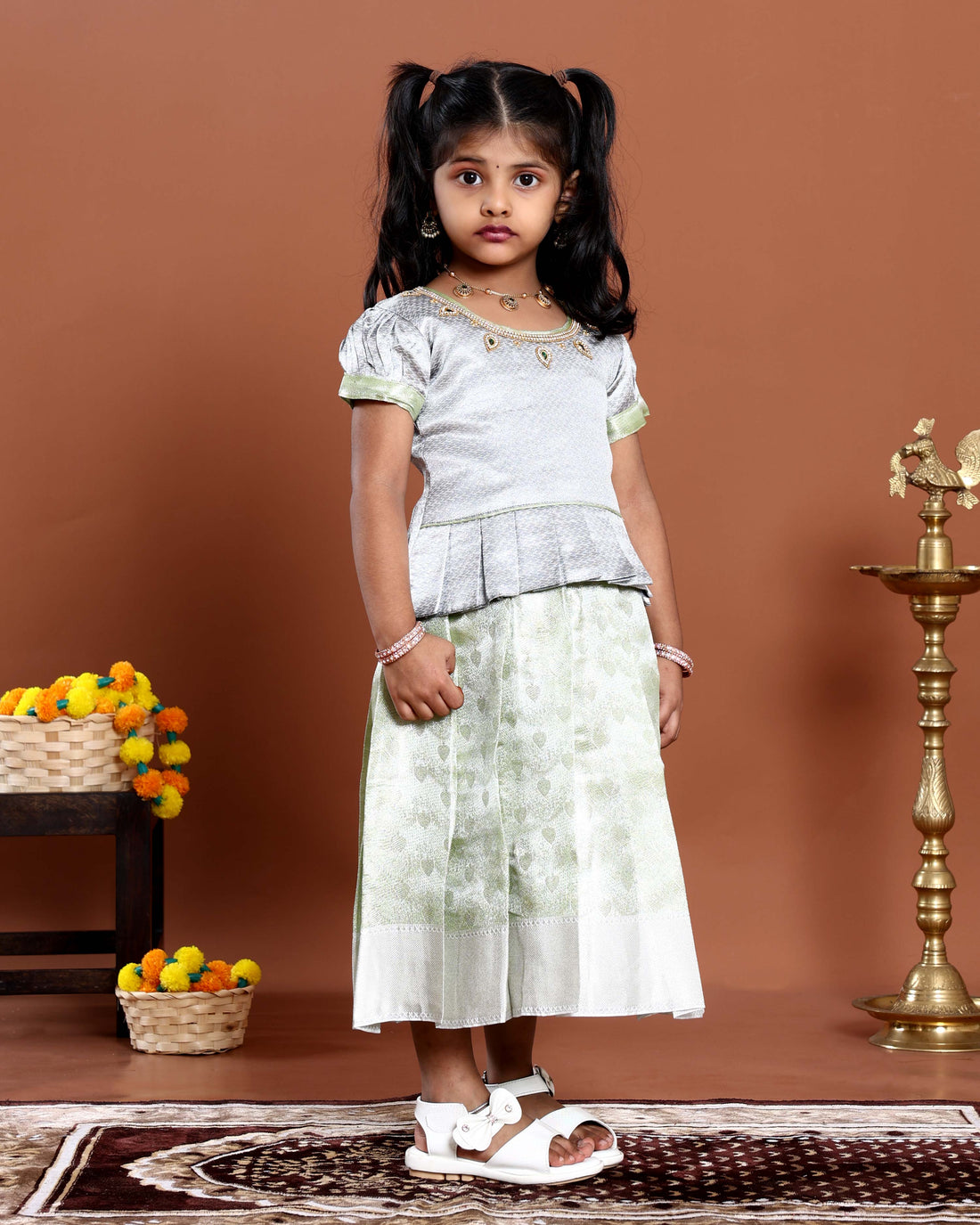 Traditional Kids Readymade Pattu Pavadai Set with Embellished Neck Blouse and Pleated Silk Skirt - Grey
