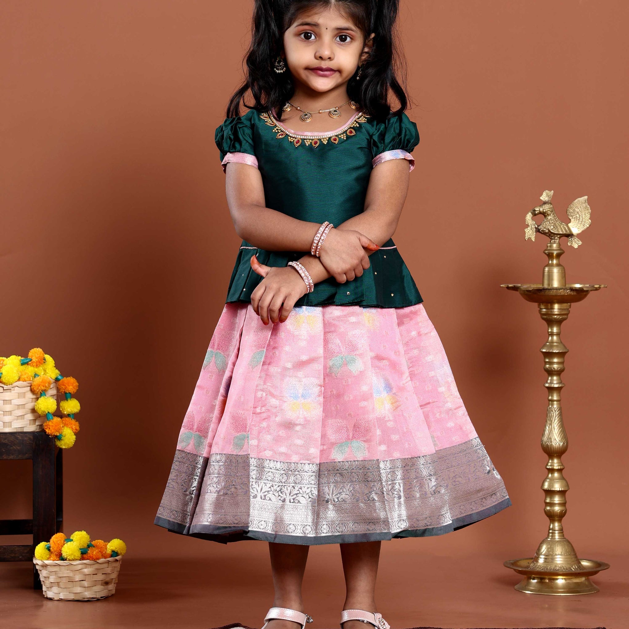 Traditional Pattu Pavadai Set With Zari Woven Skirt And Embroidered Blouse -  Green