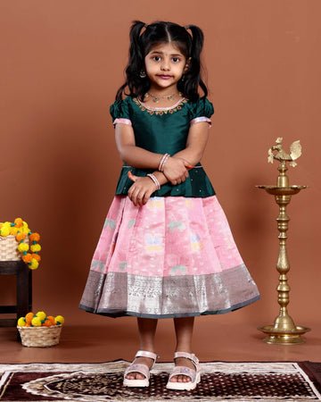 Traditional Pattu Pavadai Set With Zari Woven Skirt And Embroidered Blouse -  Green