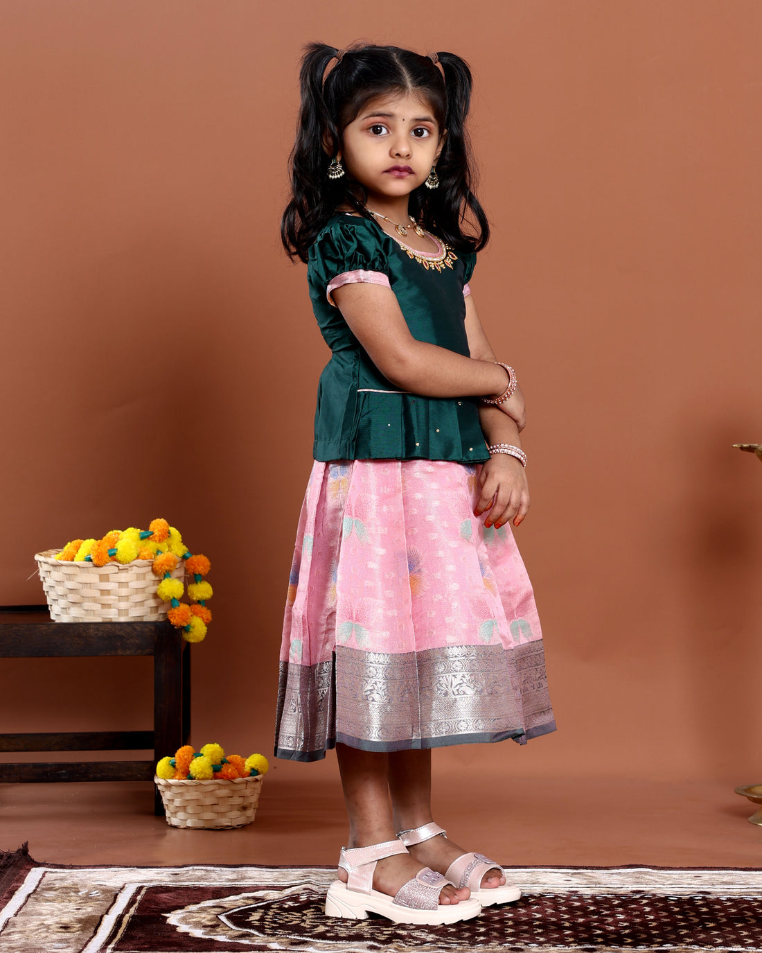 Traditional Pattu Pavadai Set With Zari Woven Skirt And Embroidered Blouse -  Green