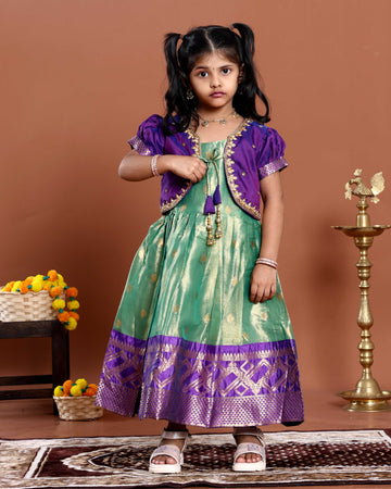 Traditional Kids Readymade Pattu Pavadai with Embellished Jacket - Purple & Green