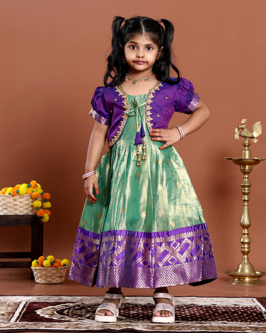 Traditional Kids Readymade Pattu Pavadai with Embellished Jacket - Purple & Green