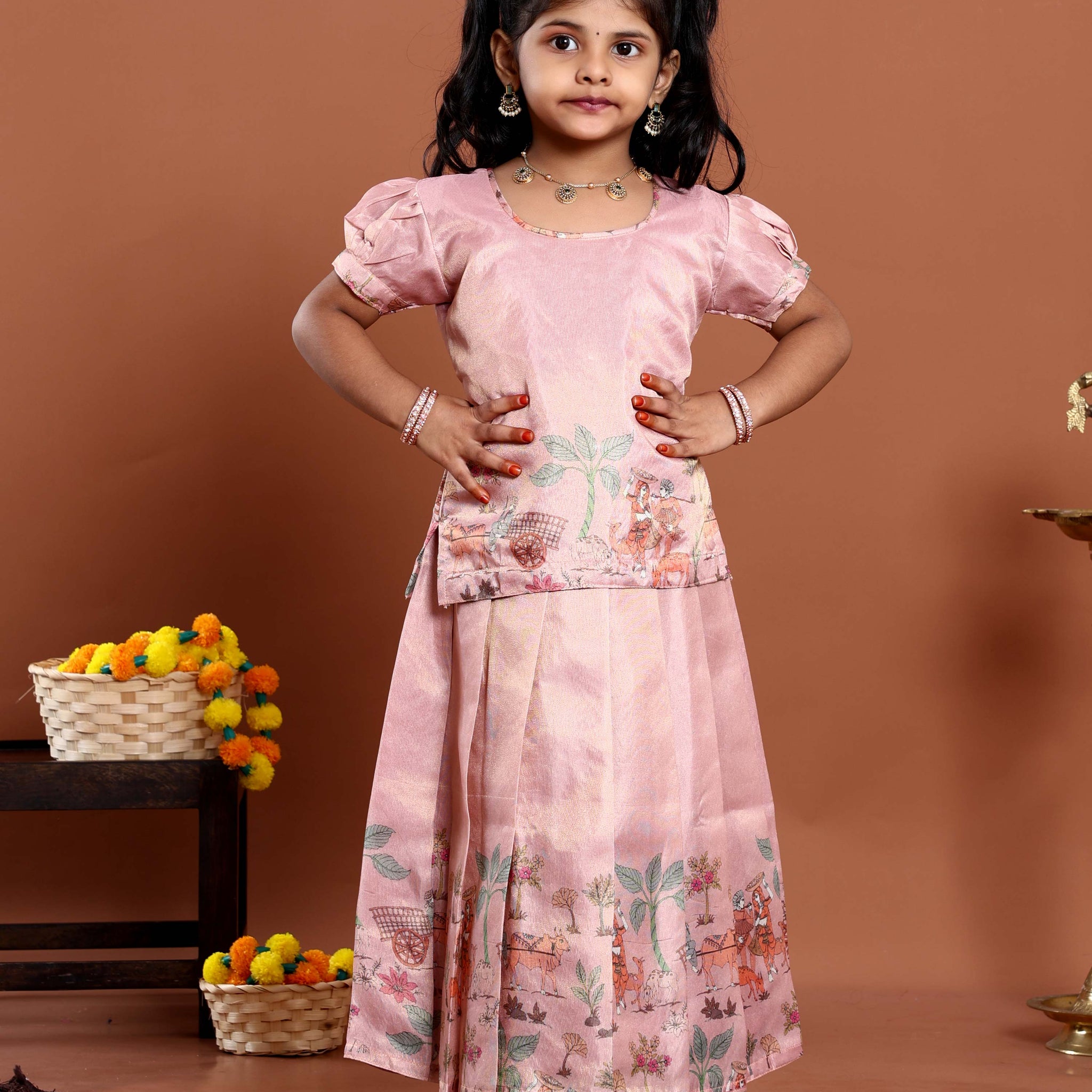 Kids Readymade Pattu Pavadai Set with Embellished Neck Puff Sleeve Blouse and Printed Skirt - Rose Pink