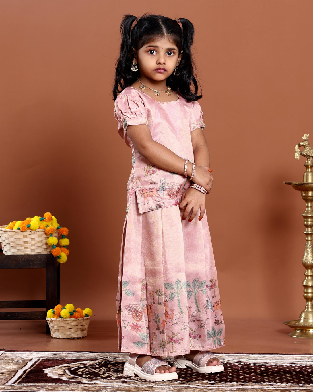 Kids Readymade Pattu Pavadai Set with Embellished Neck Puff Sleeve Blouse and Printed Skirt - Rose Pink