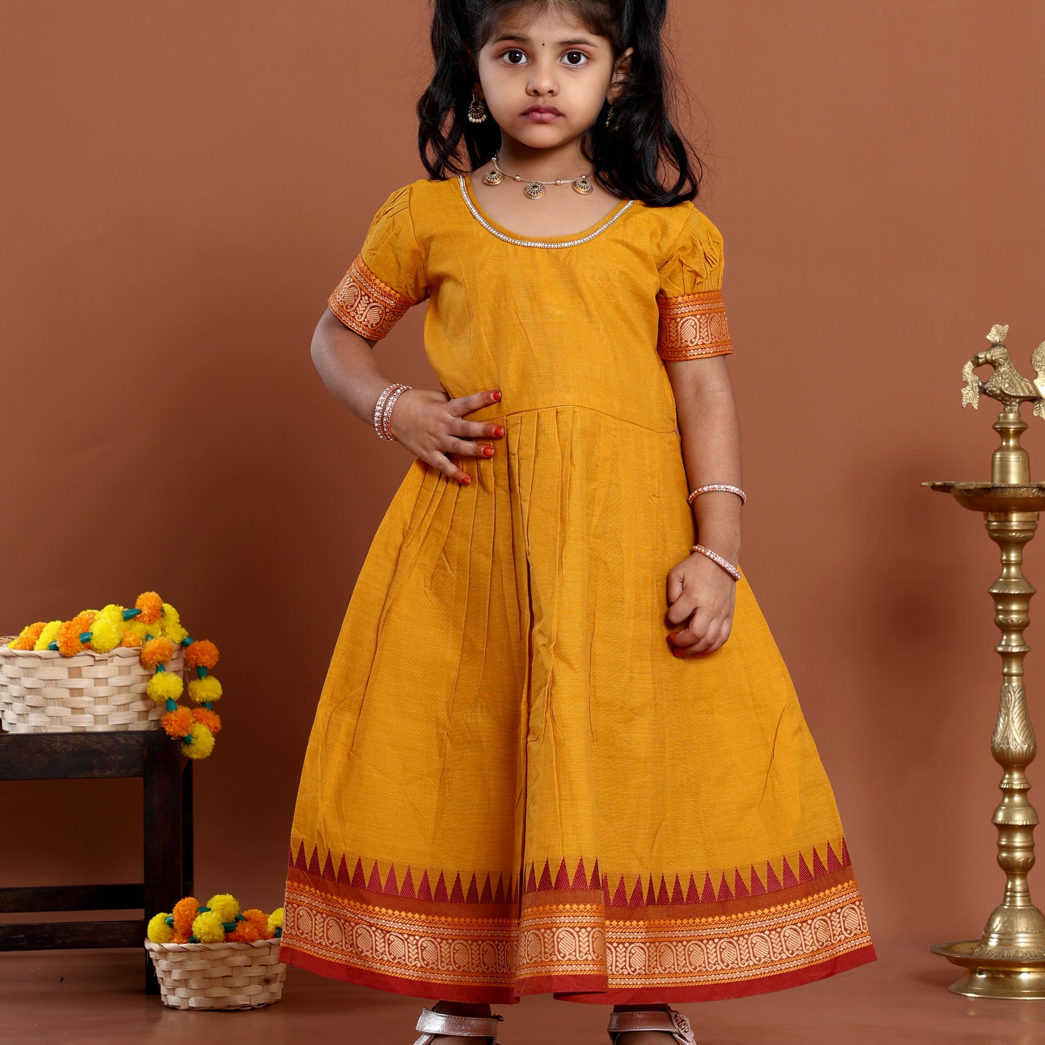 Kids Pattu Pavadai Readymade Traditional Ethnic Gown with Zari Border & Puff Sleeves  - Yellow