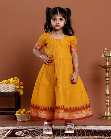 Kids Pattu Pavadai Readymade Traditional Ethnic Gown with Zari Border & Puff Sleeves  - Yellow