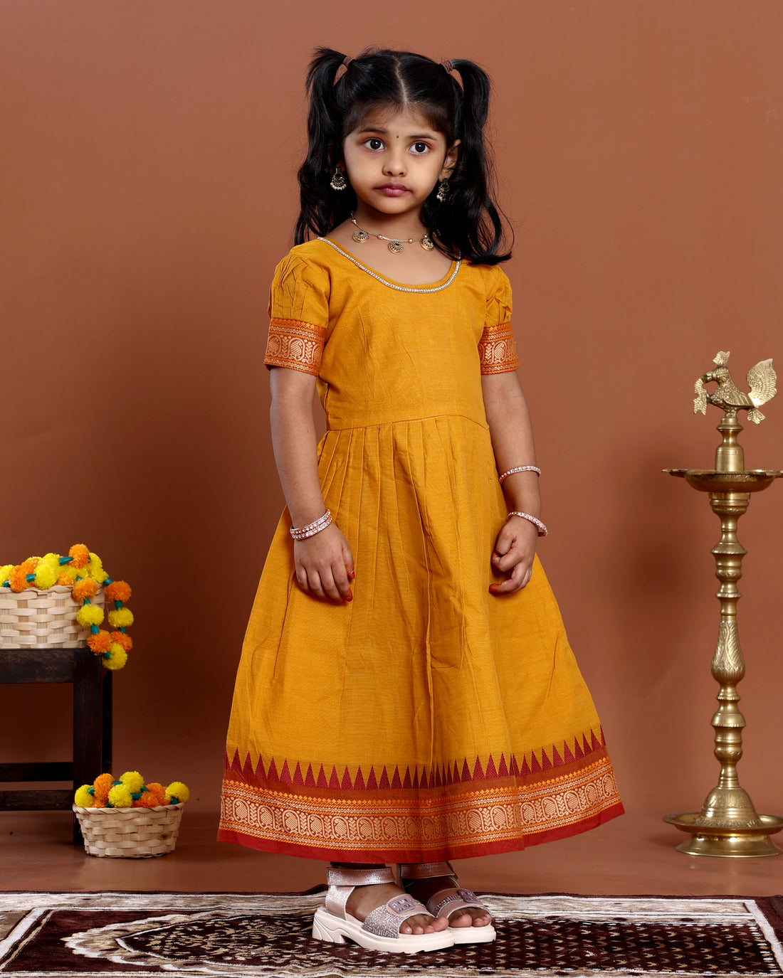 Kids Pattu Pavadai Readymade Traditional Ethnic Gown with Zari Border & Puff Sleeves  - Yellow