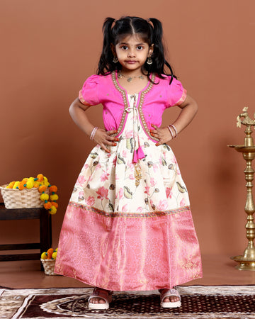 Traditional Kids Readymade Pattu Pavadai with Embellished Jacket - Pink & Cream