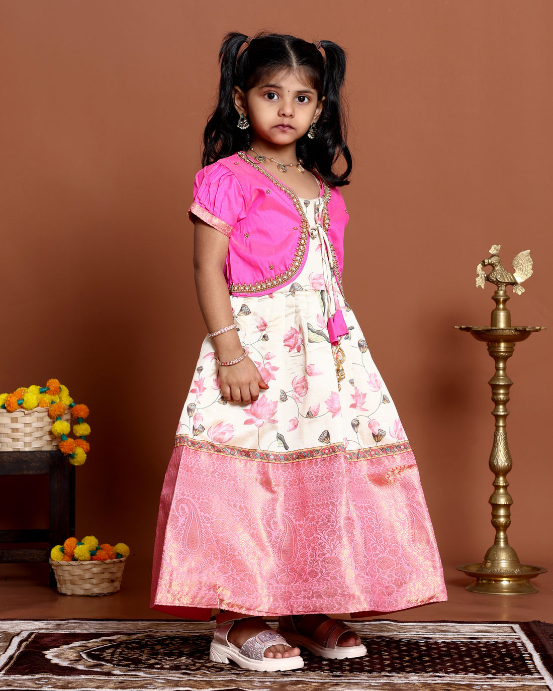 Traditional Kids Readymade Pattu Pavadai with Embellished Jacket - Pink & Cream