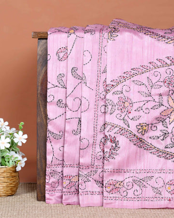 Elegant Hand Embroidered Kantha Work Saree with Intricate Floral Motifs and Traditional Stitch Patterns - Pink