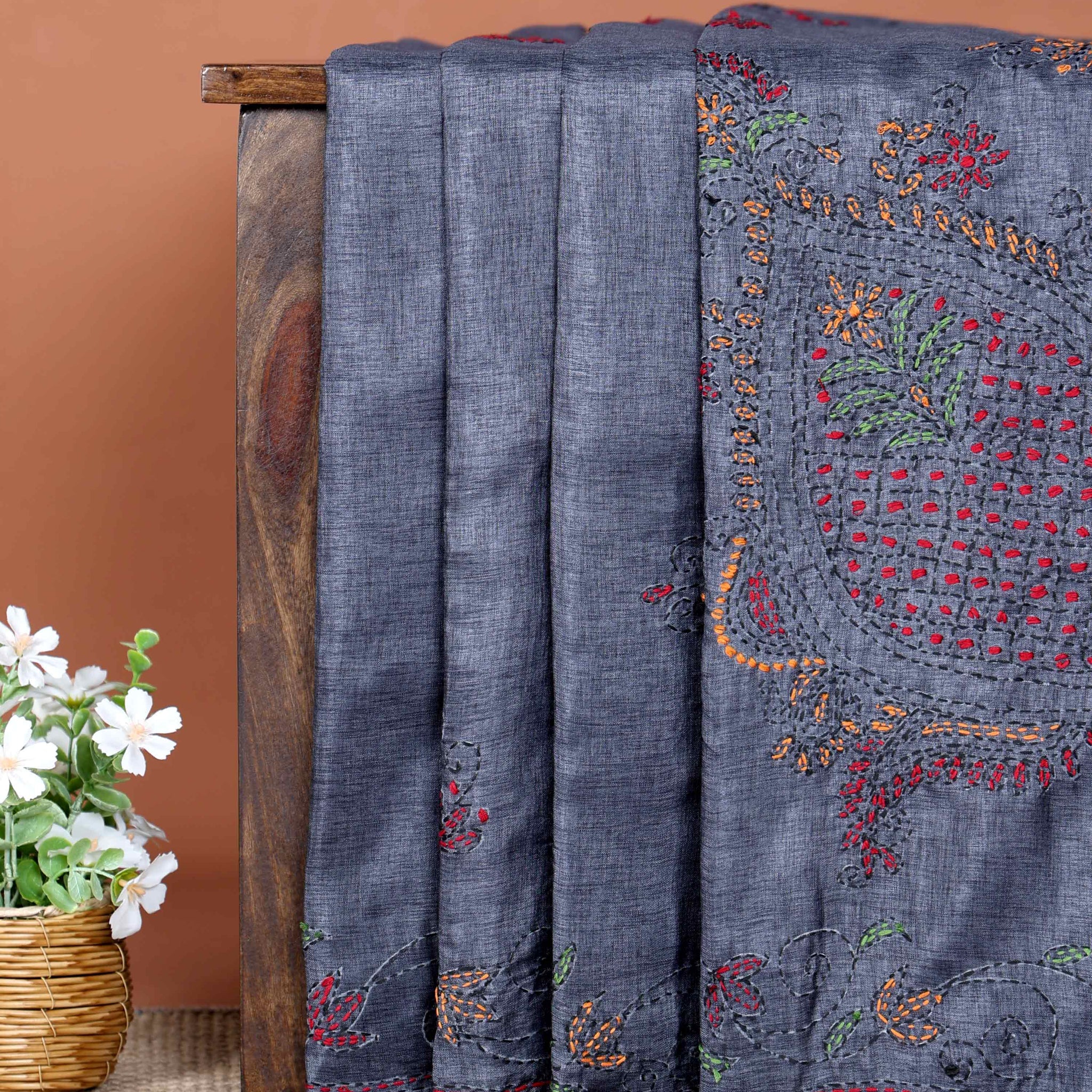 Elegant Hand Embroidered Kantha Work Saree with Intricate Floral and Geometric Motifs - Dark Grey