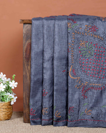 Elegant Hand Embroidered Kantha Work Saree with Intricate Floral and Geometric Motifs - Dark Grey