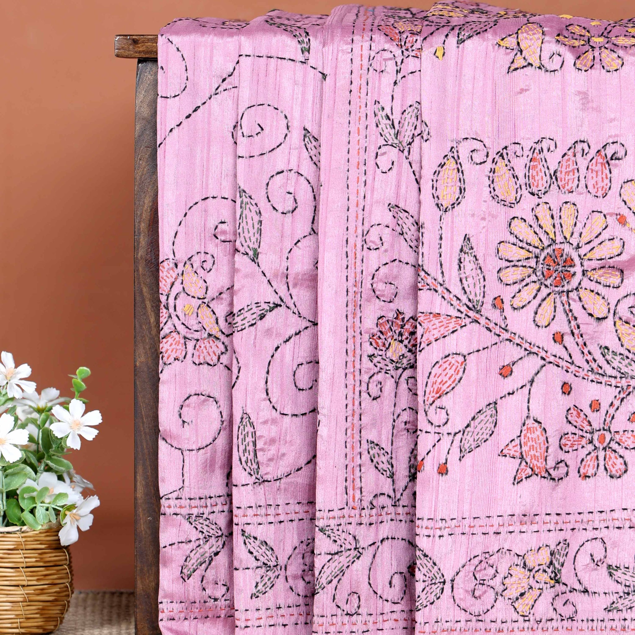 Elegant Hand Embroidered Kantha Work Saree with Intricate Floral Motifs - Pink