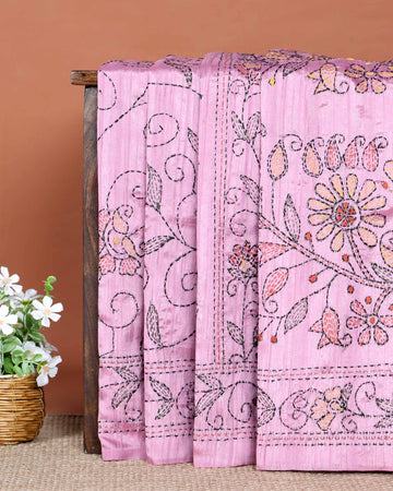 Elegant Hand Embroidered Kantha Work Saree with Intricate Floral Motifs - Pink