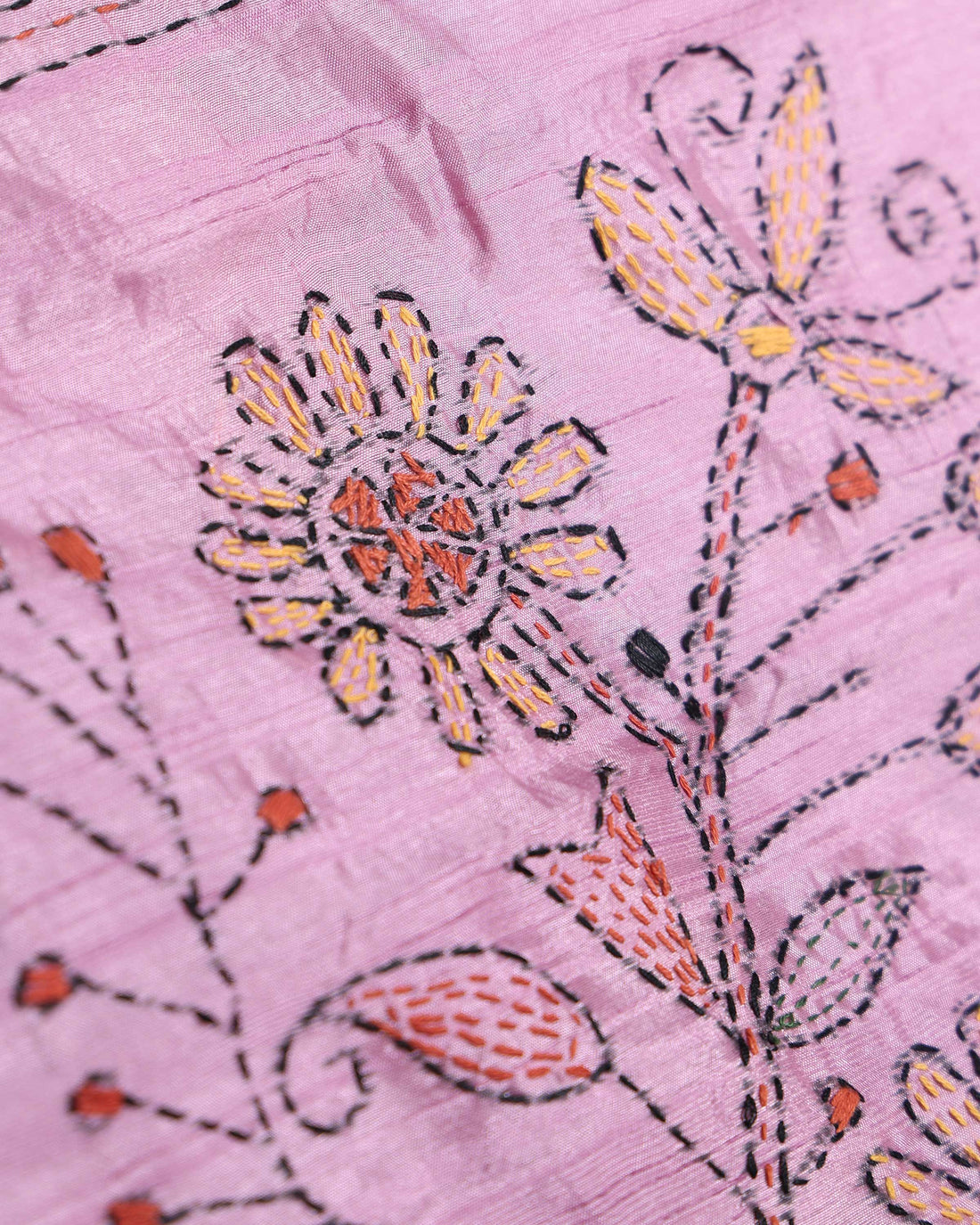 Elegant Hand Embroidered Kantha Work Saree with Intricate Floral Motifs - Pink