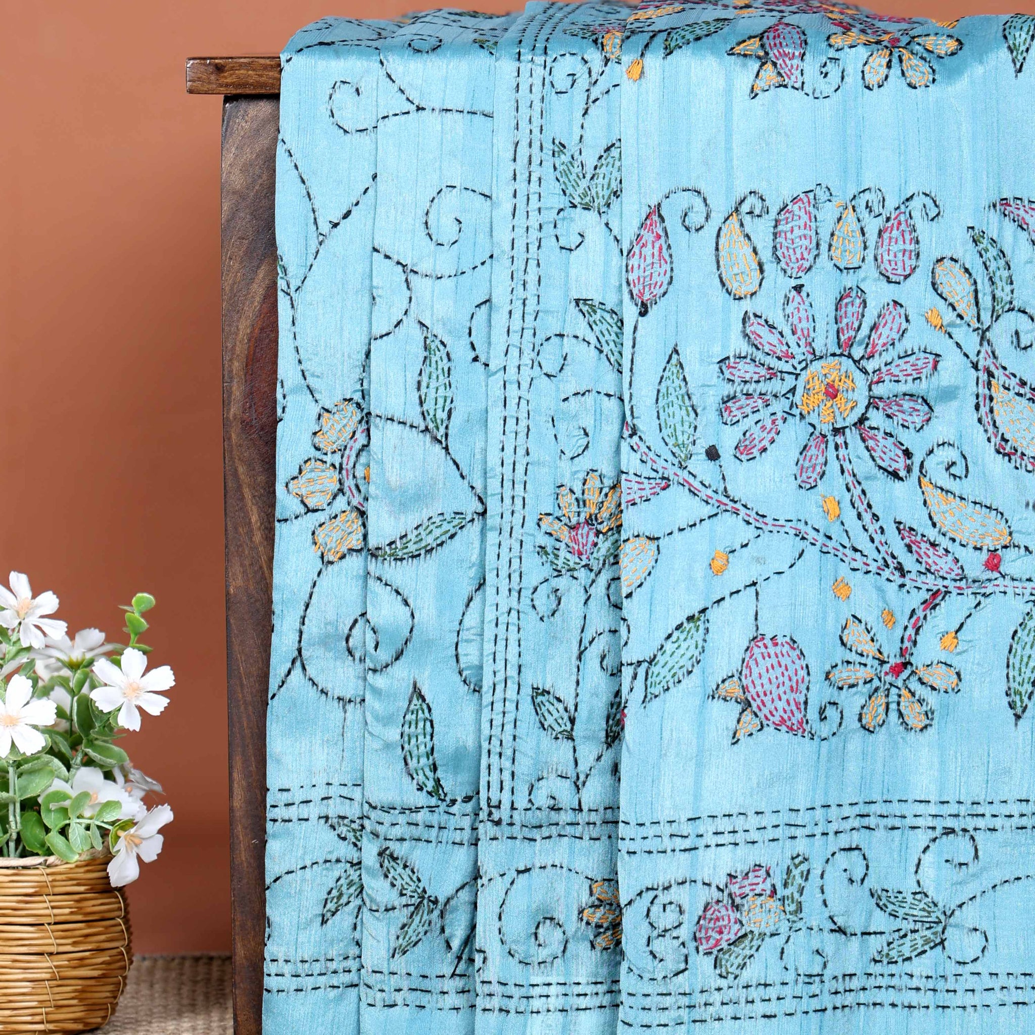 Elegant Hand Embroidered Kantha Work Saree with Intricate Floral Motifs - Sky Blue
