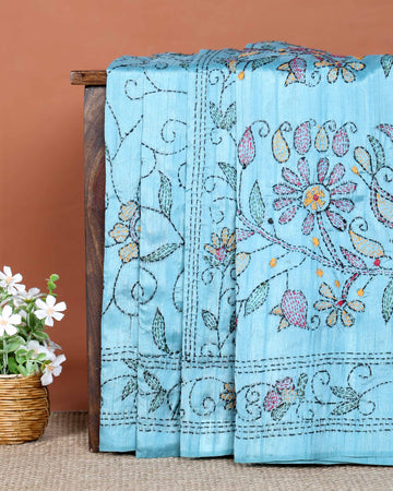 Elegant Hand Embroidered Kantha Work Saree with Intricate Floral Motifs - Sky Blue