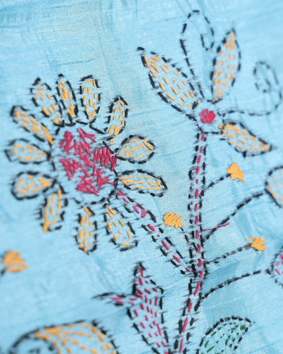 Elegant Hand Embroidered Kantha Work Saree with Intricate Floral Motifs - Sky Blue