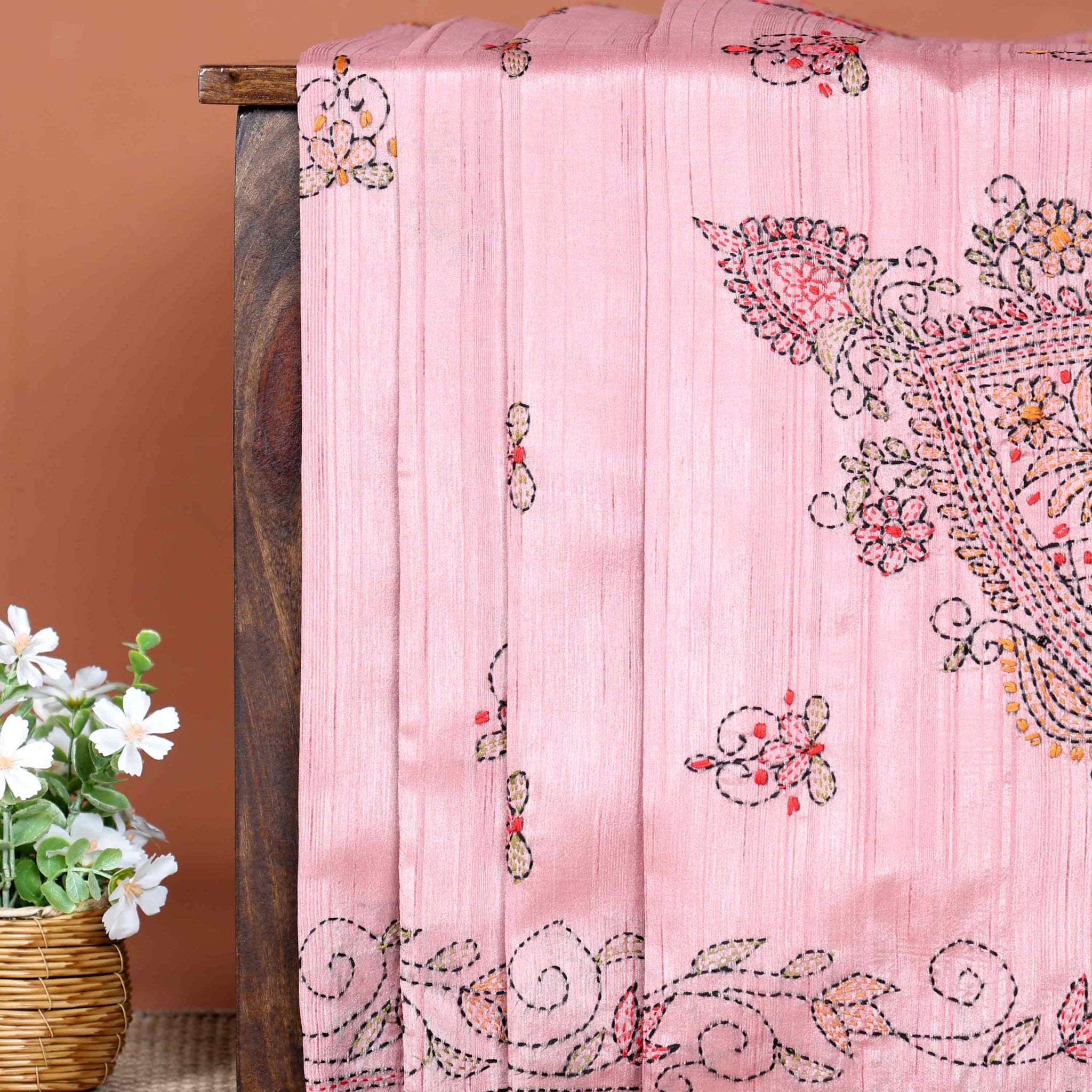 Elegant Hand Embroidered Kantha Work Saree with Intricate Floral and Paisley Motifs and Detailed Embroidered Border - Rose Pink
