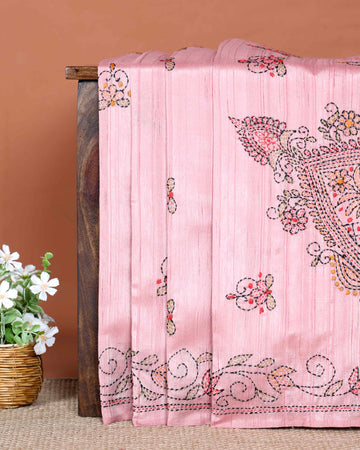 Elegant Hand Embroidered Kantha Work Saree with Intricate Floral and Paisley Motifs and Detailed Embroidered Border - Rose Pink