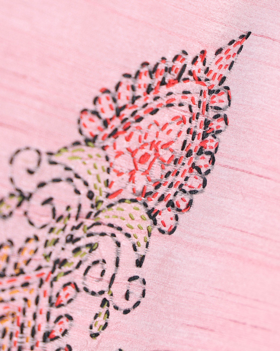 Elegant Hand Embroidered Kantha Work Saree with Intricate Floral and Paisley Motifs and Detailed Embroidered Border - Rose Pink