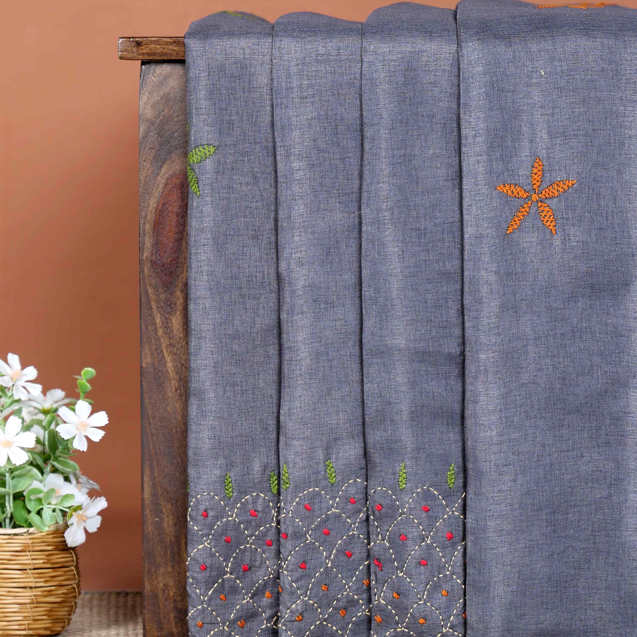 Elegant Hand Embroidered Kantha Work Saree with Floral and Geometric Motifs  - Dark Grey