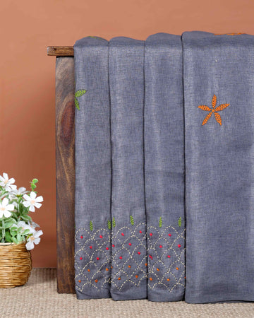 Elegant Hand Embroidered Kantha Work Saree with Floral and Geometric Motifs  - Dark Grey