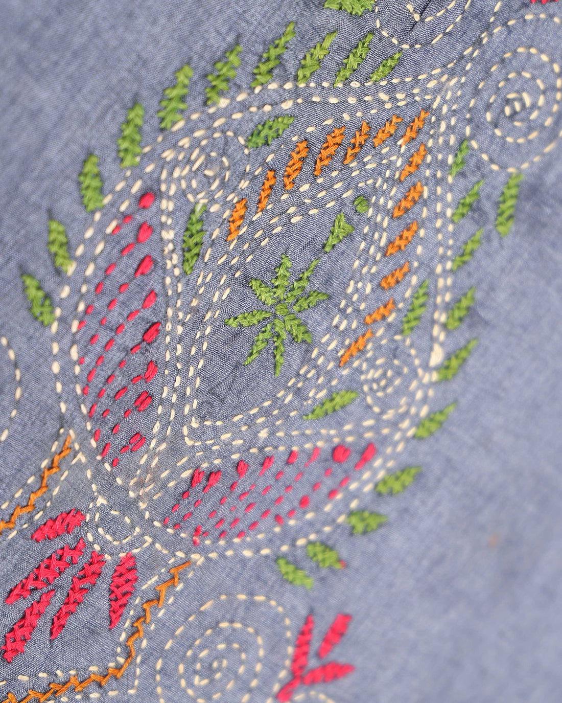 Elegant Hand Embroidered Kantha Work Saree with Floral and Geometric Motifs  - Dark Grey