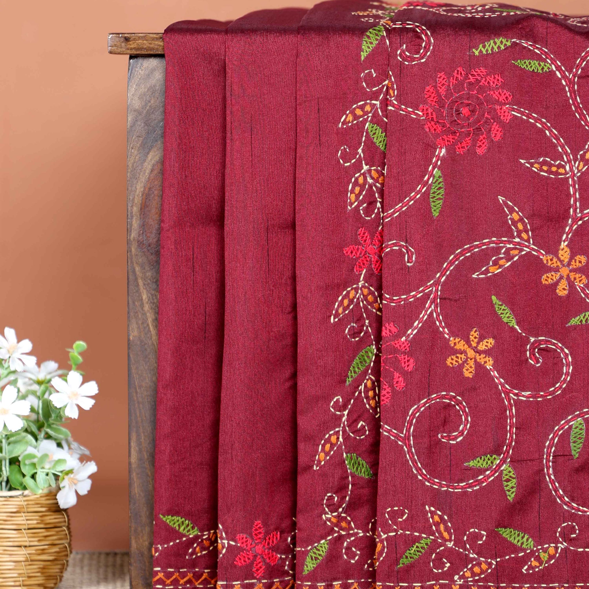 Elegant Hand Embroidered Kantha Work Saree with Detailed Floral Motifs - Maroon