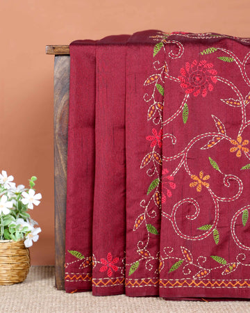 Elegant Hand Embroidered Kantha Work Saree with Detailed Floral Motifs - Maroon