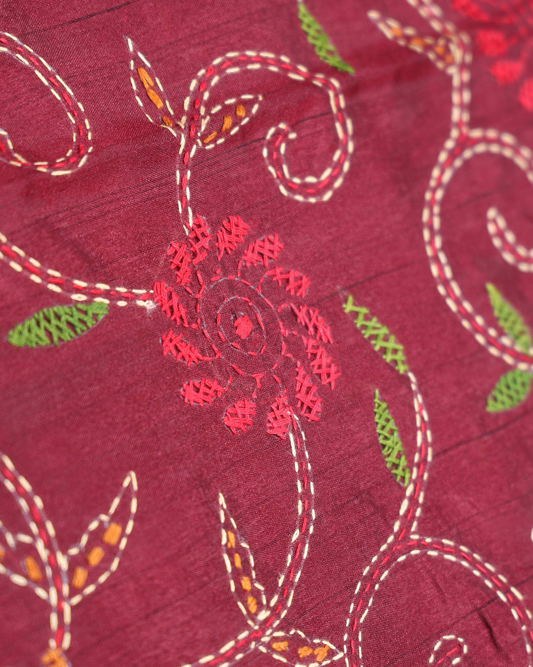 Elegant Hand Embroidered Kantha Work Saree with Detailed Floral Motifs - Maroon