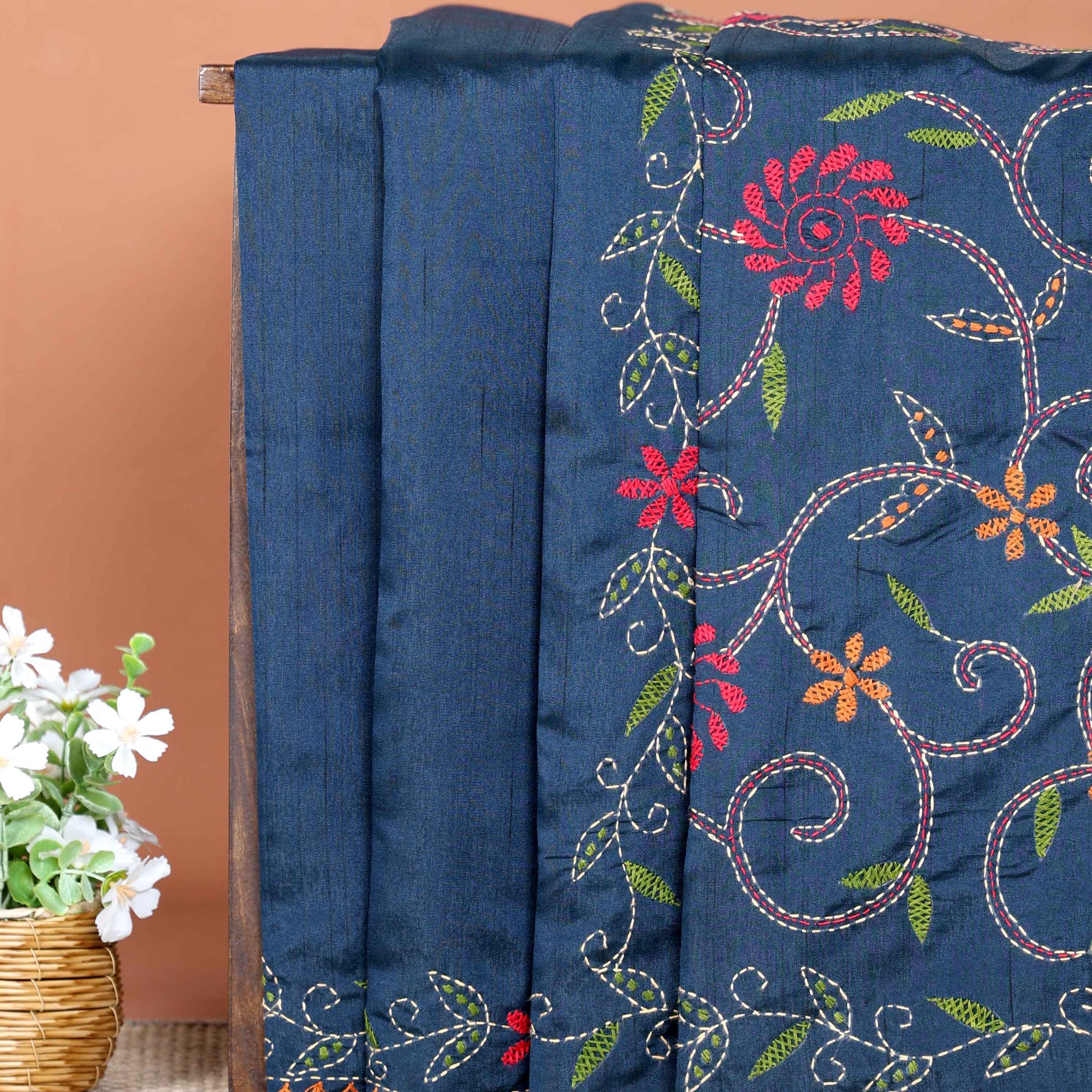 Elegant Hand Embroidered Kantha Work Saree with Detailed Floral Motifs - Blue