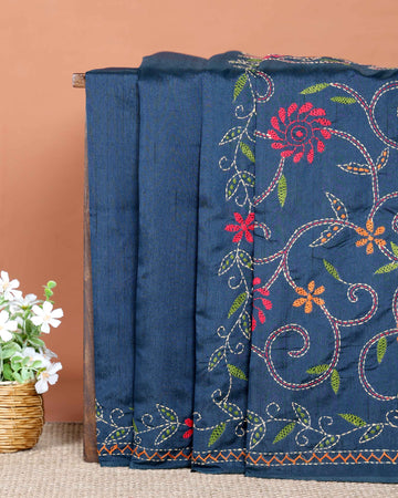 Elegant Hand Embroidered Kantha Work Saree with Detailed Floral Motifs - Blue