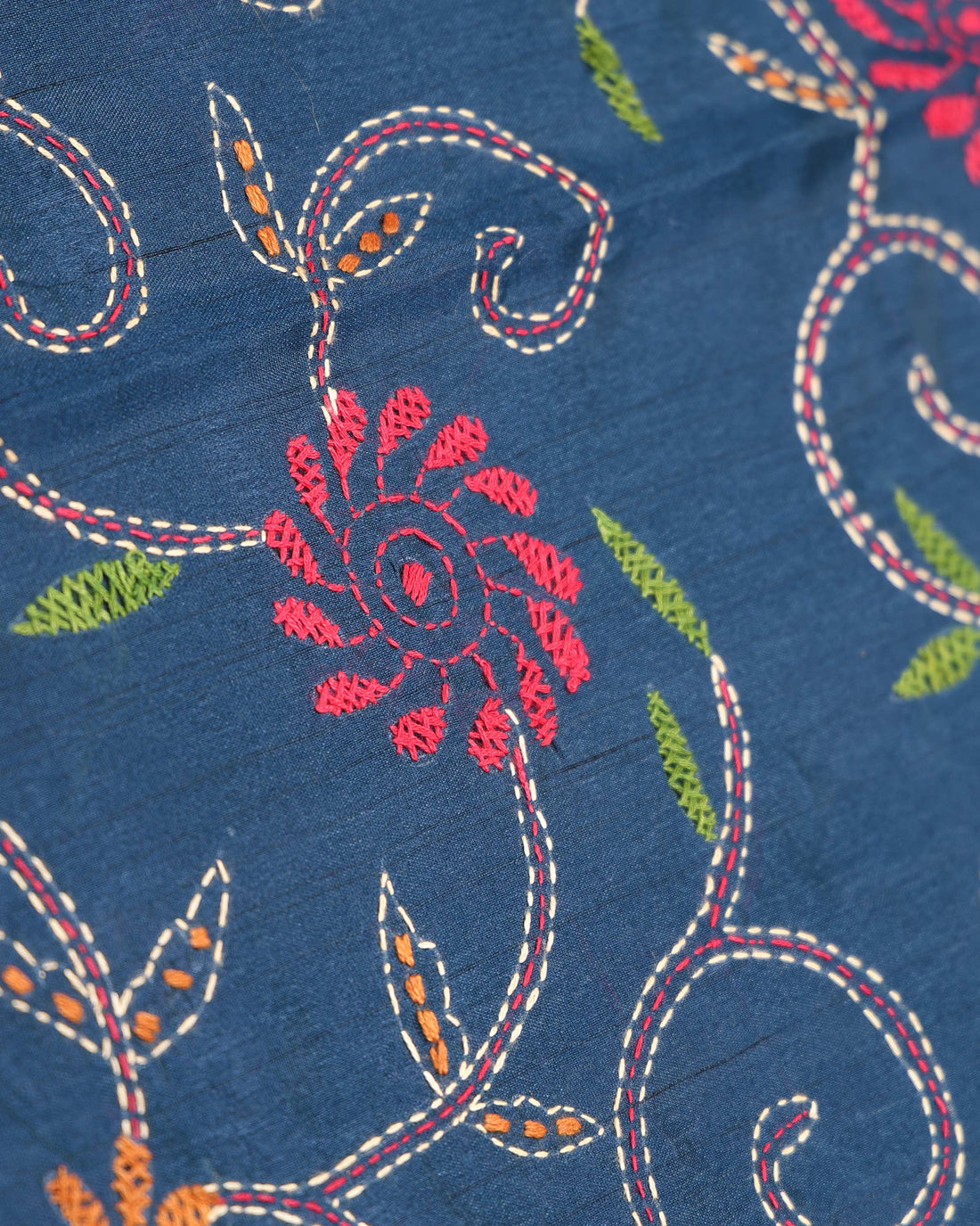 Elegant Hand Embroidered Kantha Work Saree with Detailed Floral Motifs - Blue