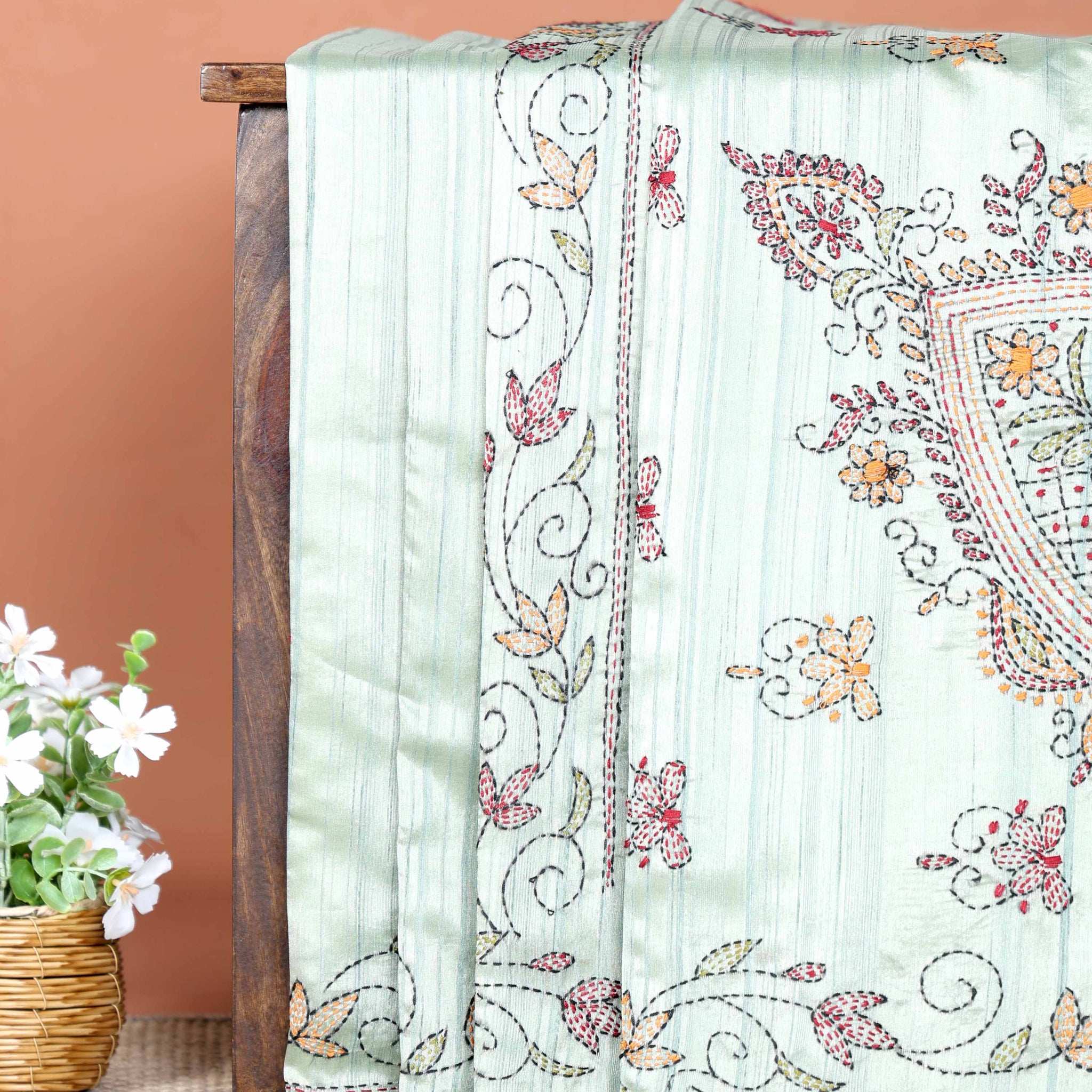 Elegant Hand Embroidered Kantha Work Saree with Intricate Floral and Paisley Motifs and Detailed Embroidered Border - Light Green