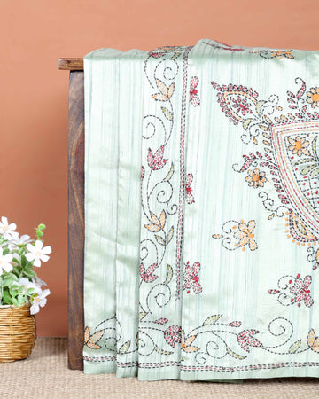 Elegant Hand Embroidered Kantha Work Saree with Intricate Floral and Paisley Motifs and Detailed Embroidered Border - Light Green