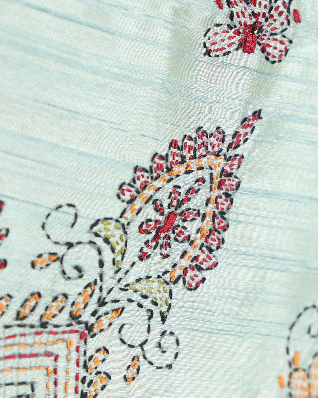 Elegant Hand Embroidered Kantha Work Saree with Intricate Floral and Paisley Motifs and Detailed Embroidered Border - Light Green