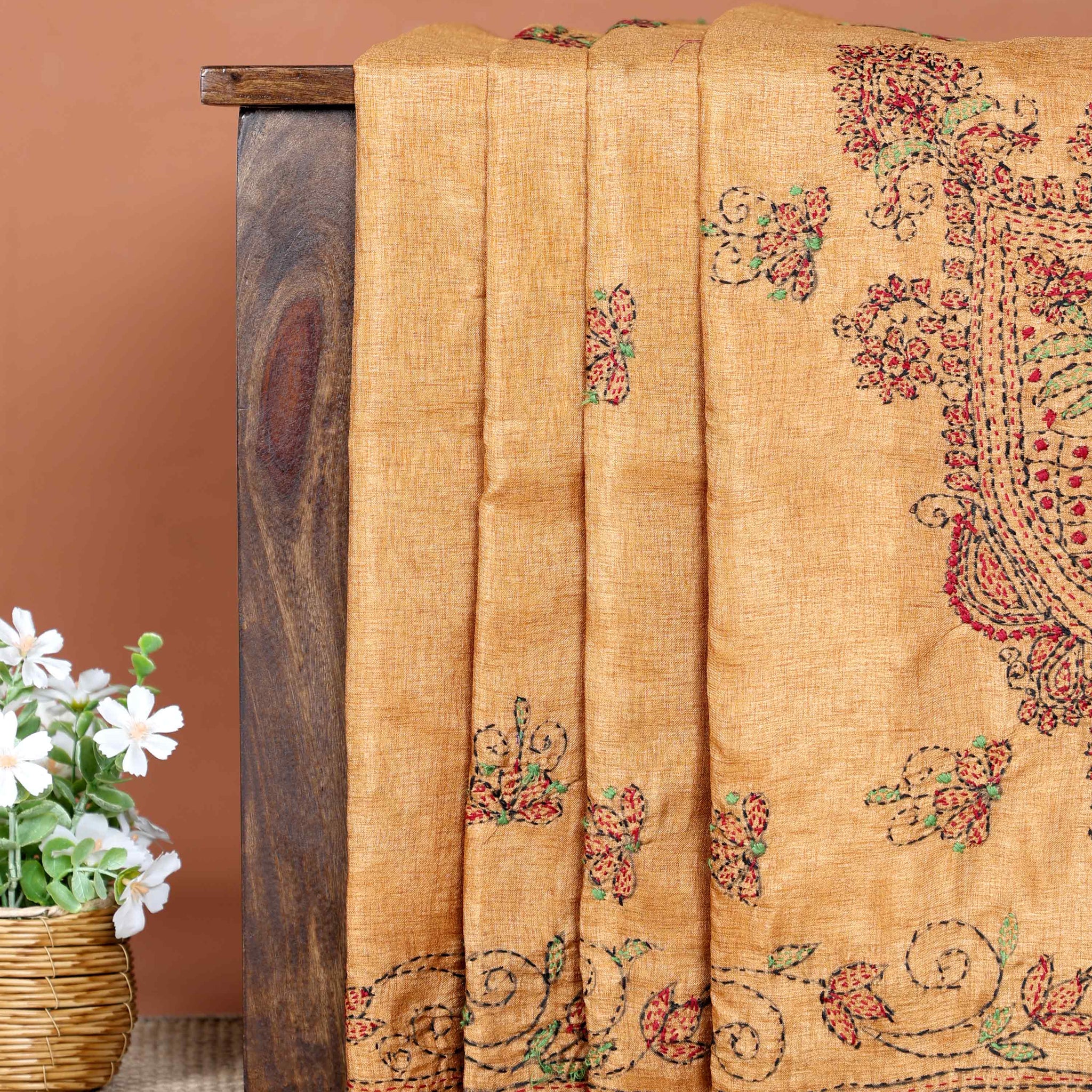 Elegant Hand Embroidered Kantha Work Saree with Paisley Design & Floral Motifs - Dark Sandal