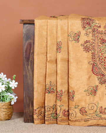 Elegant Hand Embroidered Kantha Work Saree with Paisley Design & Floral Motifs - Dark Sandal