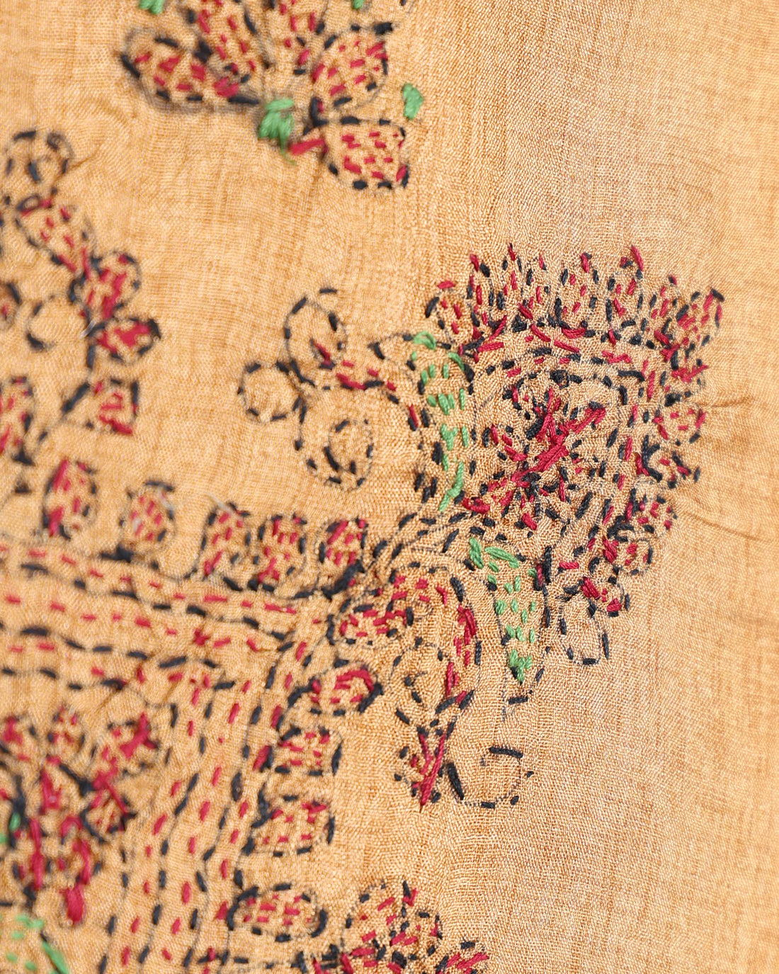 Elegant Hand Embroidered Kantha Work Saree with Paisley Design & Floral Motifs - Dark Sandal