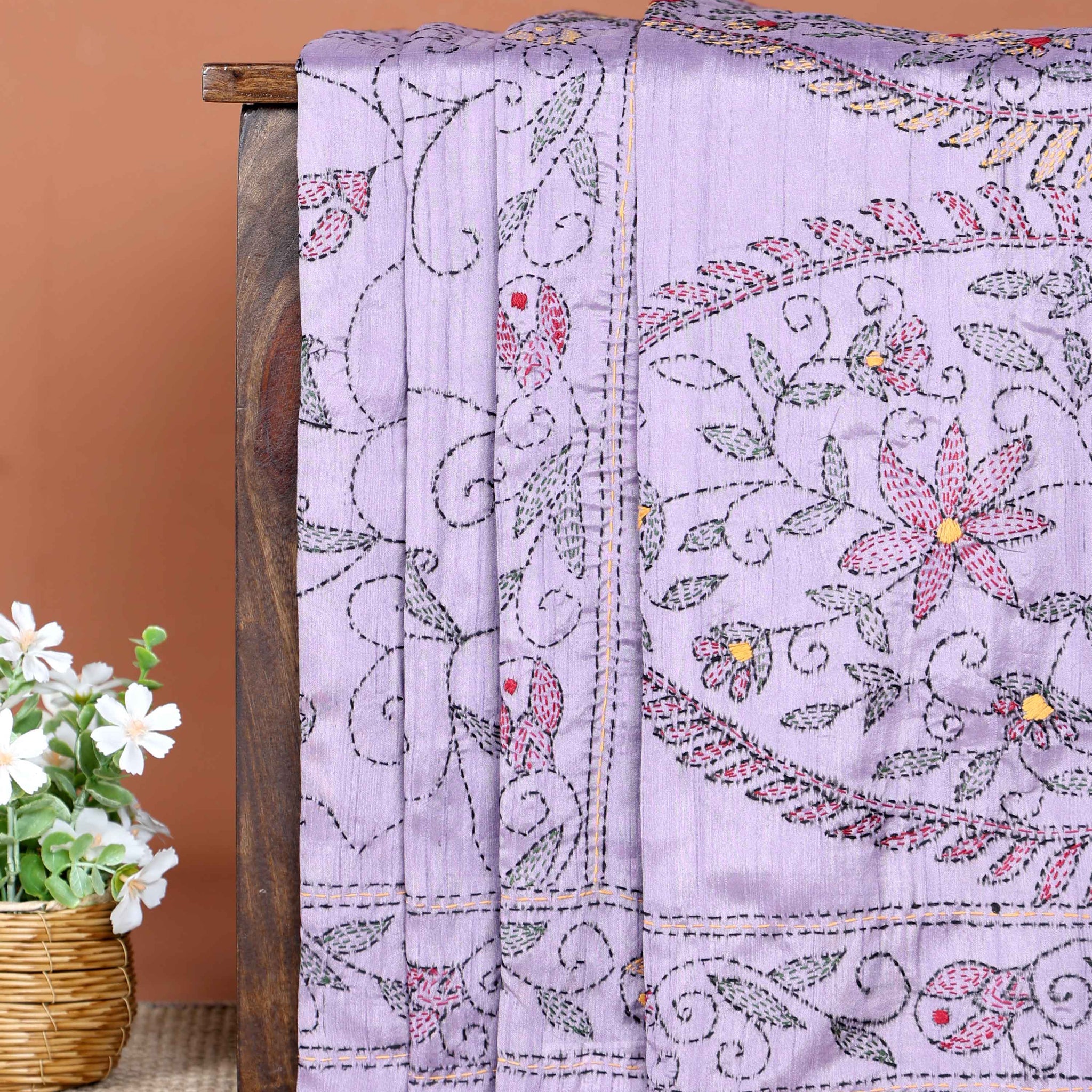 Elegant Hand Embroidered Kantha Work Saree with Floral Motifs - Lavender